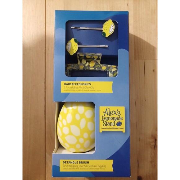 Alex's Lemonade Stand Detangle Brush Hair Clips Set 3pc yellow Lemon fruit New - Picture 2 of 7